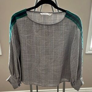Zara striped grey and black shirt (green and navy ribbon detail on arms). Size M